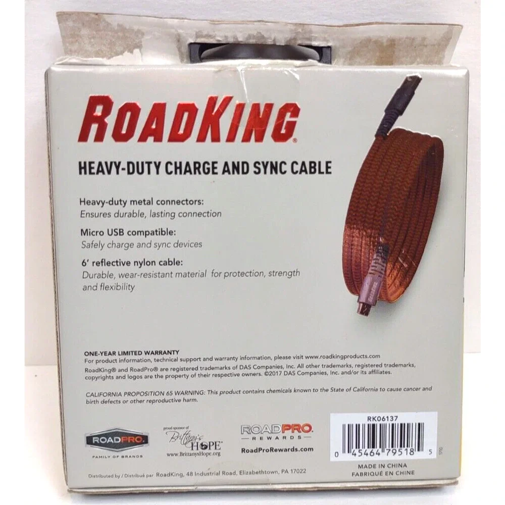 Road King 6' Heavy-Duty Charge and Sync Cable 6Ft USB to Micro RK06237
